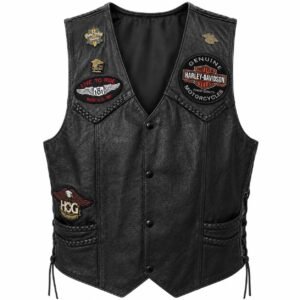 Front view of braided leather vest with Genuine Harley-Davidson and HOG collector patches