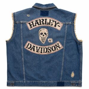 Back view of distressed Harley-Davidson denim vest with skull rocker patch and MC tab