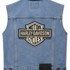 Back view of light wash Harley-Davidson denim vest with bar-and-shield logo patch
