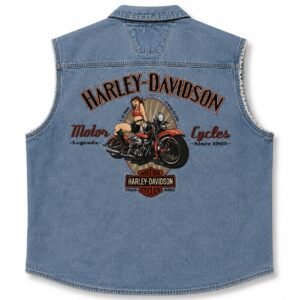Back view of Harley-Davidson denim vest with vintage Legends Since 1903 pin-up print