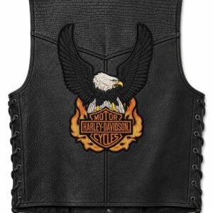Back view of genuine leather vest with bald eagle Harley-Davidson flames patch