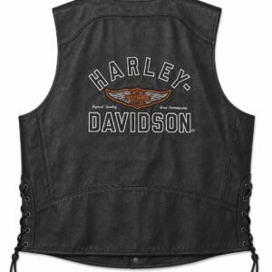 Back view of genuine Harley-Davidson leather vest with wings bar-and-shield logo