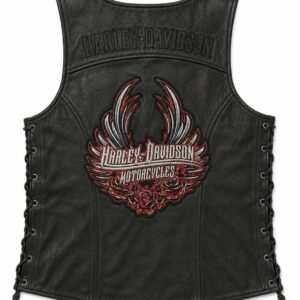 Back view of genuine Harley-Davidson leather vest with wings and roses back patch