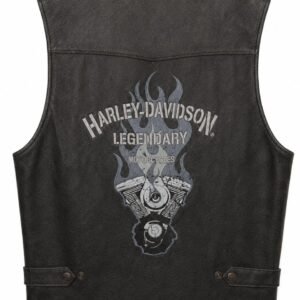 Back view of genuine Harley-Davidson leather vest with Legendary V-twin flame print