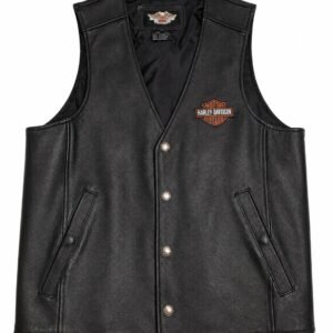 Front view of authentic Harley-Davidson leather vest with bar-and-shield logo patch and snap closure