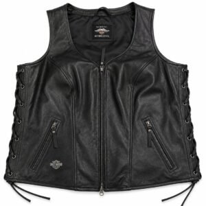 Front view of authentic Harley-Davidson leather vest with zip front, zip pockets, and bar-and-shield logo