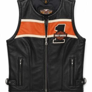 Front view of authentic Harley-Davidson leather vest with orange stripe, number 1 patch, and zip closure
