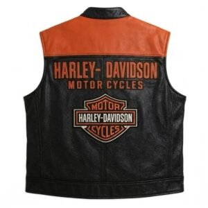 Back view of authentic Harley-Davidson leather vest with Harley-Davidson Motor Cycles back patch