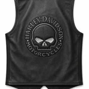 Back view of genuine black Harley-Davidson leather vest with embossed Willie G Skull logo