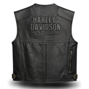 Back view of authentic Harley-Davidson 115 Years leather vest with embossed logo and perforated panels