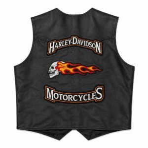 Back view of vintage leather vest with Harley-Davidson Motorcycles flaming skull rocker patches