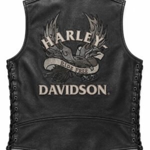 Back view of authentic Harley-Davidson Ride Free leather vest with eagle and flames patch