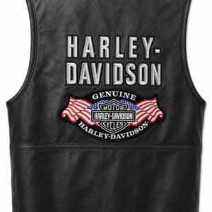 Back view of black leather biker vest with large Harley-Davidson lettering and American flag wing embroidery