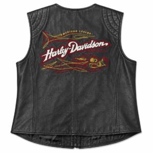 Back view of genuine black Harley-Davidson leather vest with American Legend flame patch