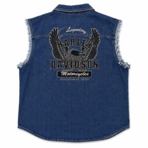 Back view of Harley-Davidson denim cutoff vest with Legendary eagle back print