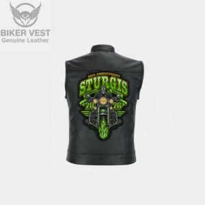 Back view of black leather vest with green flame skeleton rider Sturgis Rally patch