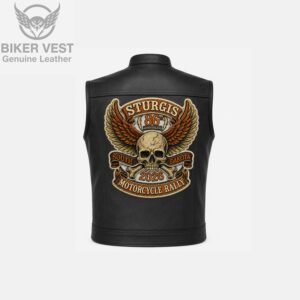 Back view of black leather vest with Sturgis skull and wings Motorcycle Rally patch