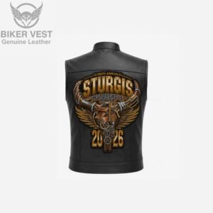 Back view of black leather vest with steampunk mechanical winged skull Sturgis Rally patch
