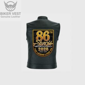 Back view of black leather vest with 86th Sturgis Motorcycle Rally Legend Lives On patch