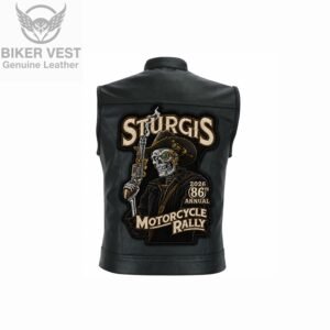 Back view of black leather vest with outlaw gunslinger skull Sturgis Motorcycle Rally patch