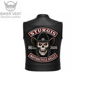 Back view of black leather vest with cowboy skull Sturgis 86th Annual Rally patch