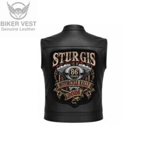 Back view of black leather vest with V-twin engine Sturgis 86 Years Rally patch