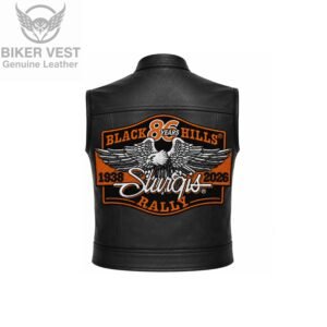 Back view of black leather vest with eagle Black Hills 86 Years Sturgis Rally patch