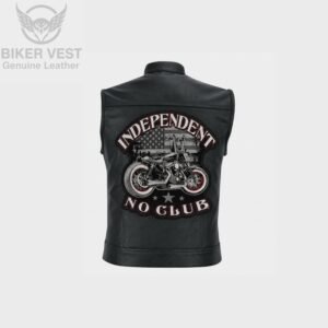 Back view of black leather vest with bobber motorcycle Independent No Club patch