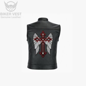 Back view of black leather vest with red and white winged cross back patch