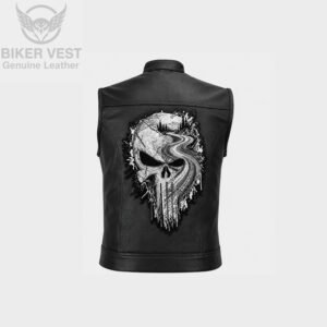 Back view of black leather vest with mountain road skull embroidered back patch